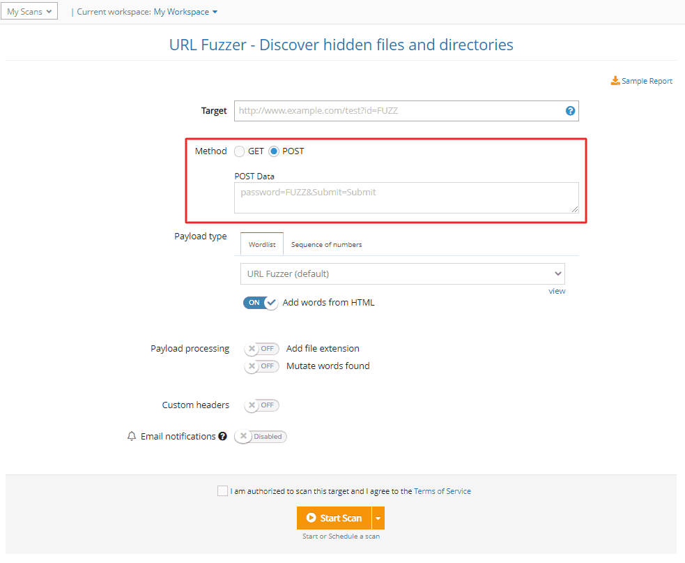 URL Fuzzer POST method